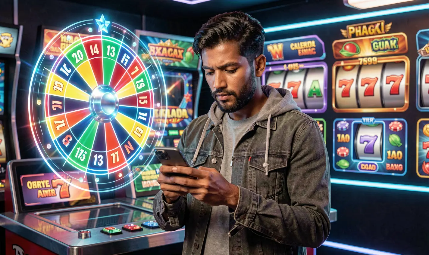 Focused Bangladeshi man using the 14OK casino app on his phone with a glowing roulette interface behind him showing immersive mobile gaming