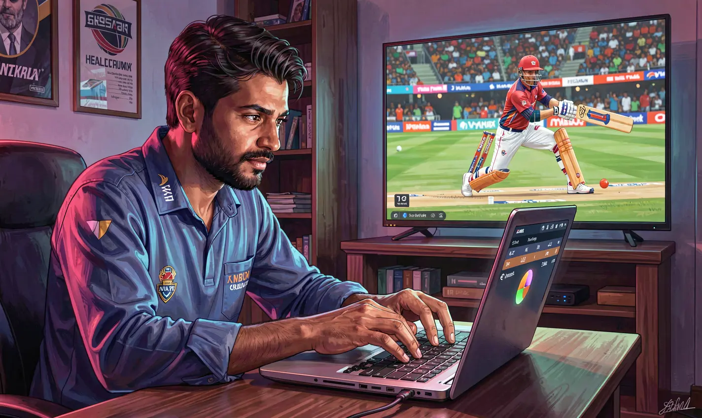Focused Bangladeshi player placing live cricket bets on a laptop with vibrant stadium visuals while using 14OK from home