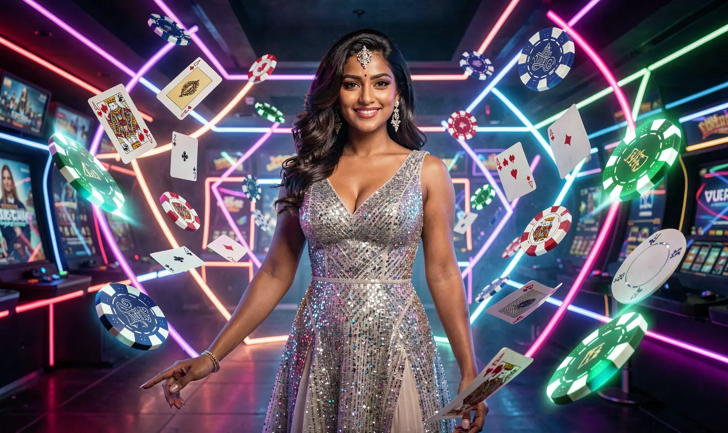 Glamorous casino scene with a confident woman in a sparkling dress and floating chips highlighting the premium gaming atmosphere of 14OK casino bonuses in Bangladesh