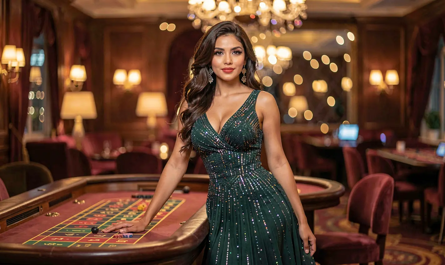 Elegant female player enjoying a luxury roulette table in a vibrant casino atmosphere representing the high quality gaming experience at 14OK for Bangladesh