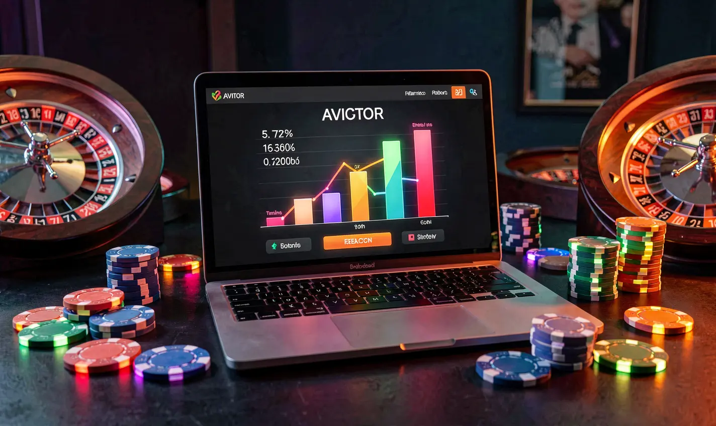 Elegant laptop display of a rising multiplier in an Aviator style casino game with stacked chips symbolizing high reward gameplay at 14OK casino