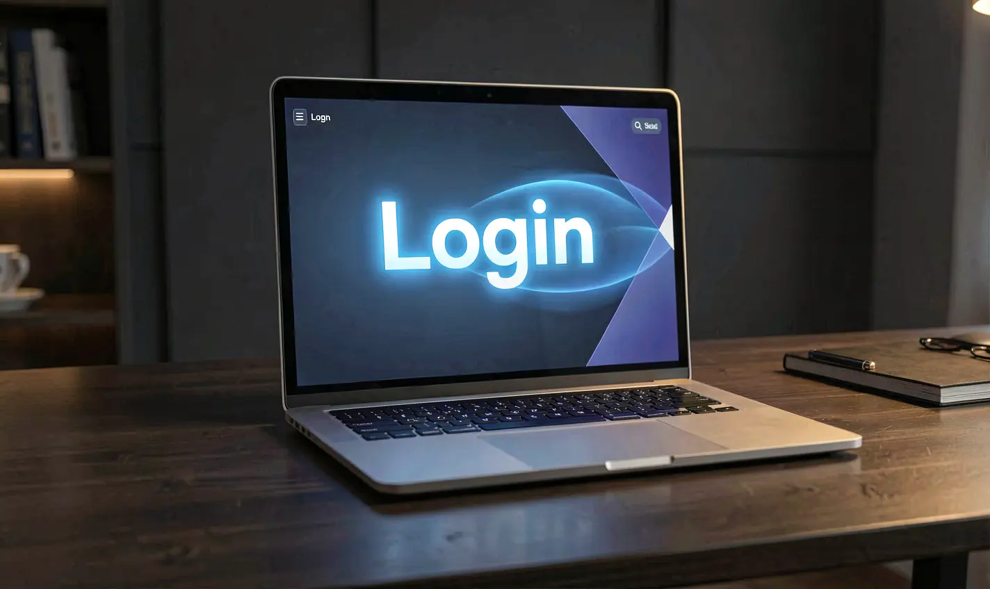 Modern laptop on a dark desk with a glowing login screen showing secure access to the 14OK casino account in Bangladesh