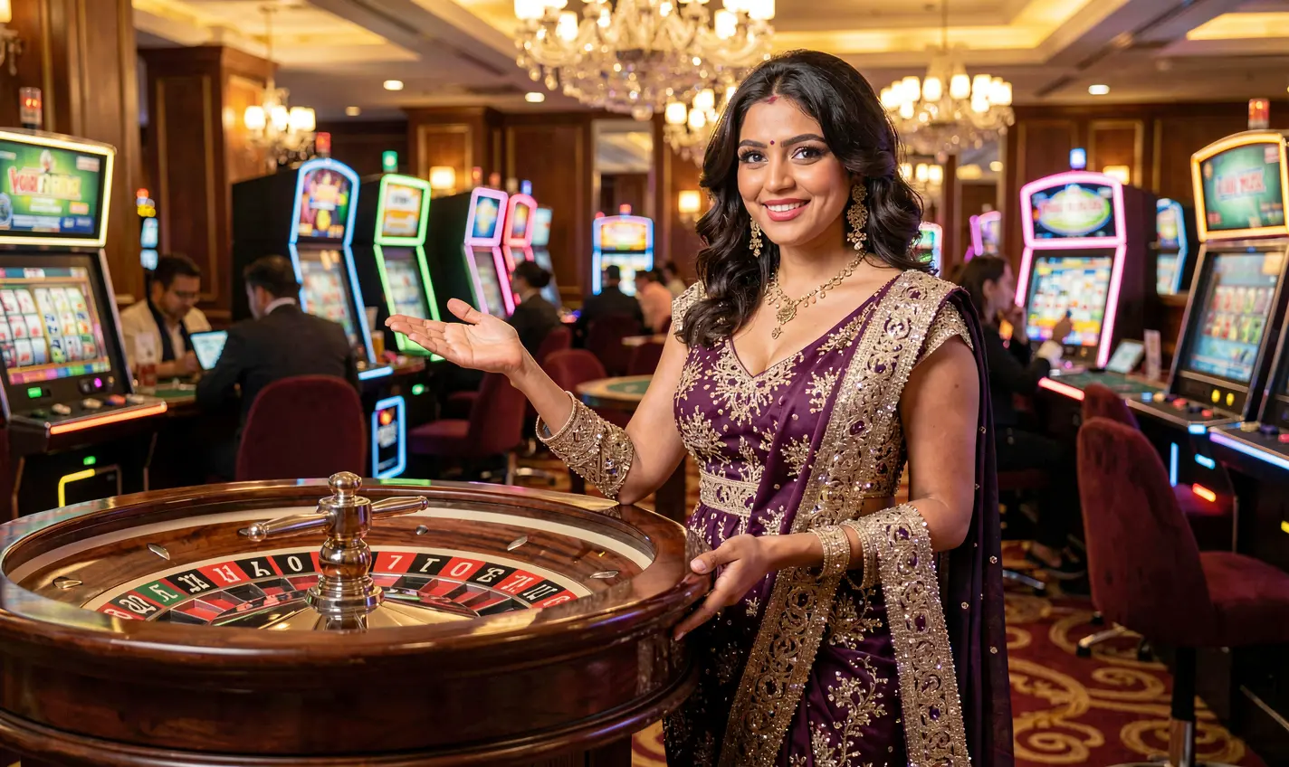 Elegant live casino dealer in a glamorous dress welcoming players at a roulette table inside the luxurious 14OK casino environment in Bangladesh