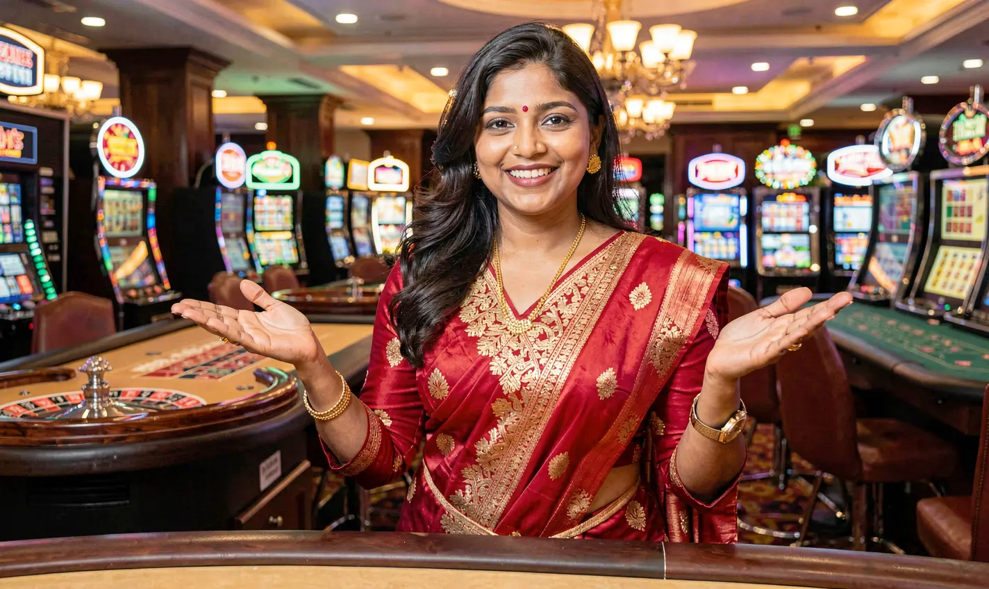 Elegant live casino dealer from Bangladesh in a red dress presenting the game with a glowing roulette wheel behind her on 14OK