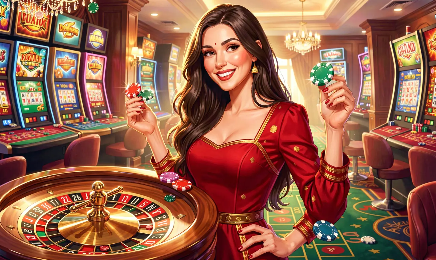 Elegant casino scene with a glamorous woman holding poker chips in front of a roulette wheel highlighting the premium gaming atmosphere of 14OK in Bangladesh