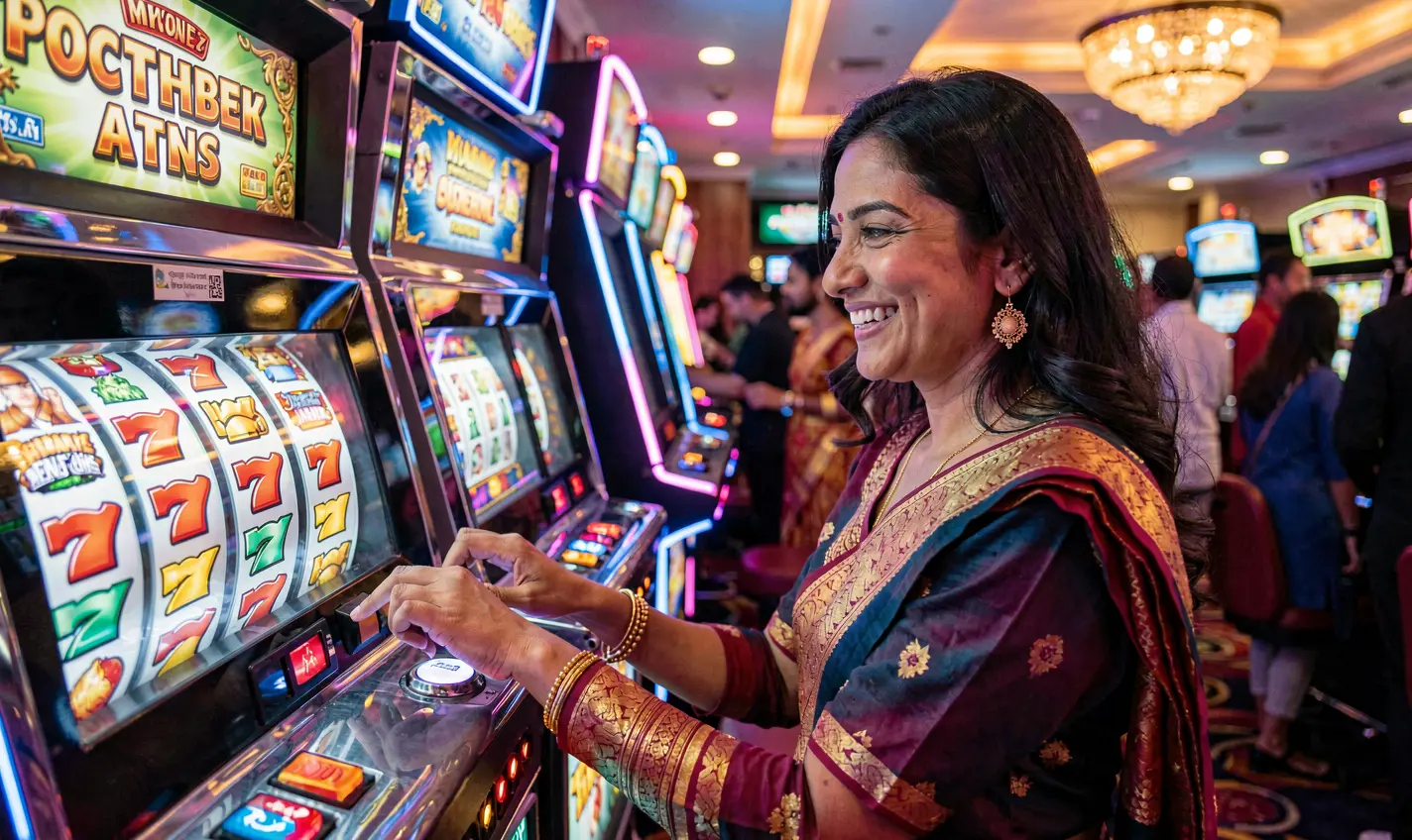 Happy female player enjoying colorful slot machines in a lively casino atmosphere with glowing reels and neon lights at 14OK in Bangladesh